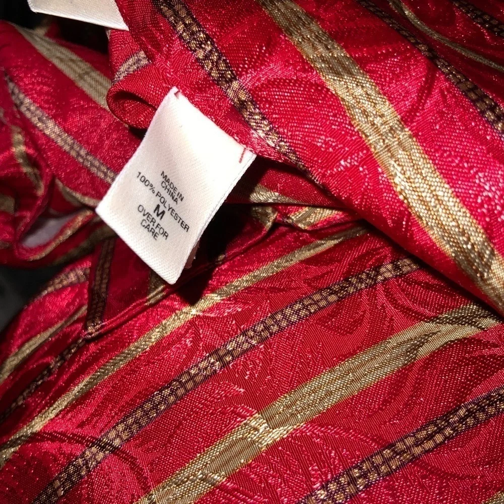 Victoria Secret Red & Gold Striped Satin Long Sleeve Button Down Sleep Shirt Med